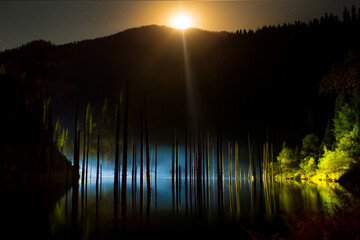 A beautiful night landscape on the Kaindy lake, a sunken forest in the rays of the moonlight. The...