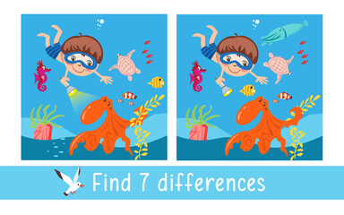 Boy underwater with marine life. Find 7 differences. Game for children. Activity, vector.