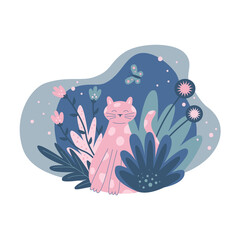 illustration of cute cat sitting in flowers and plants in pink and blue colors