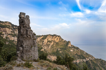a tooth-shaped rock on the path of the gods (sentiero degli dei) on the Amalfi Coast. Agerola,...