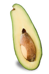 Isolate - half of a long avocado with a stone on a white background.