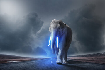 large elephant in mystical surroundings on a car country road with glowing blue ivory, symbolic...