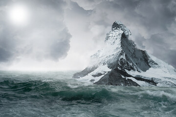 matterhorn switzerland during heavy storm and thunderstorm and many clouds under water in the sea, symbolic image for the end of the world