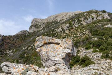 Capo Muro peack a rock to shape of mushroom on a path of the Amalfi coast. Agerola, Positano, Campania, Italy