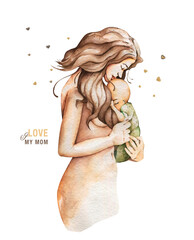 Baby In A Tender Embrace Of Mother, Mother's day, Infant, Motherhood, Love, Innocence Hand drawn watercolor illustration. - 459950092