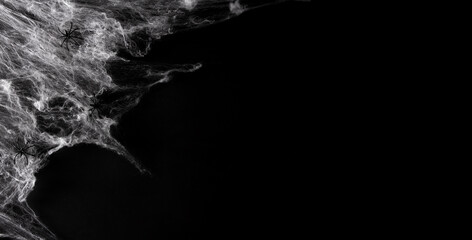 Spider web on black background. Halloween banner. Copy space. Selective focus.