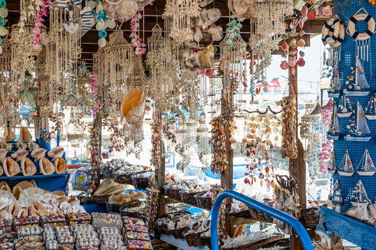 Souvenir boat shop selling shells in Rhodes, Greece