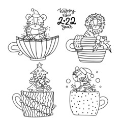 Symbol of 2022 little tiger in hand drawn liner style. New Year coloring page set. Black on white line art illustration.