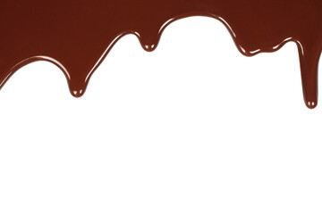 Melted chocolate dripping on white background .