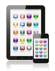 Tablet PC and smart phone with icons on white background .