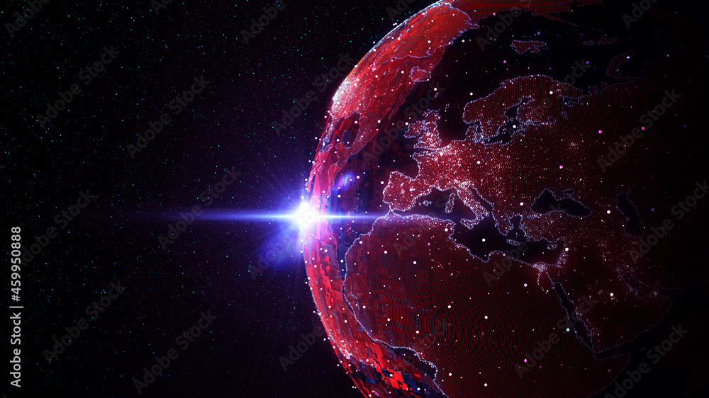 Poster Global Background/3d Illustration. Connection lines Around Earth Globe, Motion of digital data flow europe. Futuristic Technology Theme Background with Light Effect. 