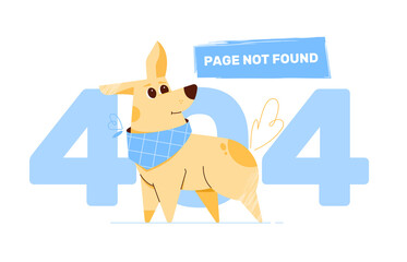 Concept design of an empty state on a web page. Error 404, page not found. Something went wrong, technical work. Vector flat illustration with a cute dog in a headscarf.