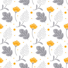 Floral seamless pattern. Beautiful botanical background. Vector illustration. Modern ornament with blooming flowers. Repeating texture. Design paper, wallpaper, fabric.