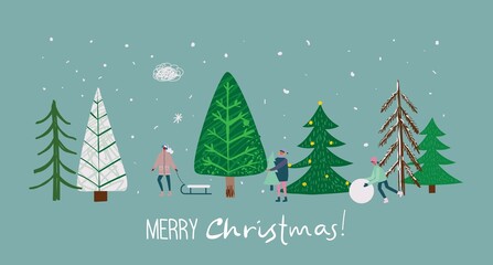 Vector hand drawing trendy abstract illustration of holiday cards of Merry Christmas and Happy New Year 2022 with christmas tree, winter forest, people and lettering.