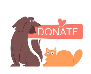 Dog and cat sit tohether. Support for a animal shelter, volunteering. Vector flat illustration.