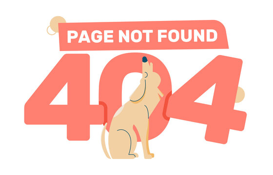Concept design of an empty state on a web page. Error 404, page not found. Something went wrong, technical work. Vector flat illustration with a howling dog.