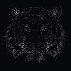 The Vector logo tiger or lion head for tattoo or T-shirt design or outwear.  Hunting style big cat print on black background. This hand drawing is for black fabric or canvas