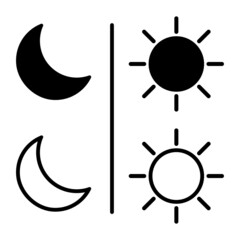 Sun and moon icon isolated on white background. Vector illustration in flat design outline stroke. Day and night weather forecast symbol.