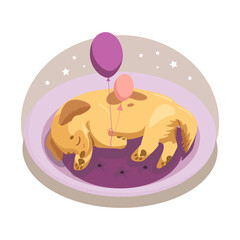 Cute childish illustration. Sleeping puppy with balloons on a purple pillow. For nursery, postcards, stickers, fabric character for kids