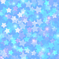 Blue shiny seamless pattern with bokeh stars