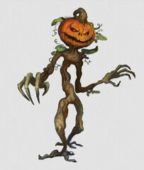 Digital painting of a pumpkin monster with vine body and glowing eyes for halloween isolated on white - fantasy illustration © Dominick