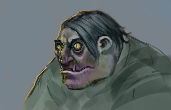Digital portrait drawing of an ogre character with yellow eyes on a neutral background - fantasy illustration