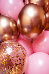 Balloons of pink and gold color close-up.