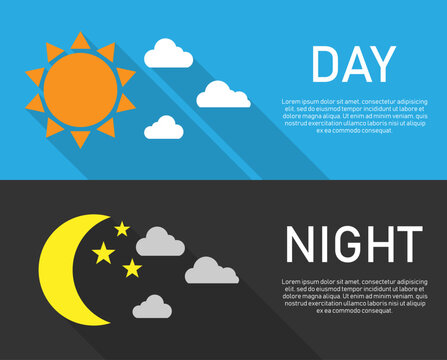 Day and night with long shadows. Sun, moon and stars with clouds Vector illustration in flat design. isolated on  background.