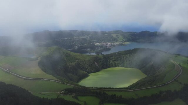 Aerial view of the volcanic lakes on the island of Ponda Delgada.