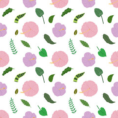 Tropical leaves and flowers seamless pattern. Botanical texture with pink and lilac hibiscus, snake plant and green leaves. Cute baby print for fabric and textile.