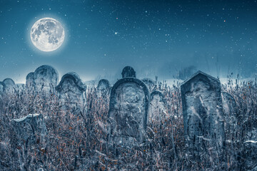 Spooky Cemetery and full moon. Halloween background