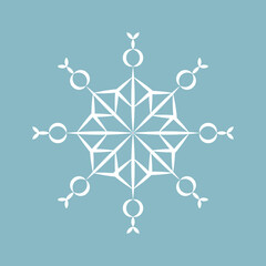 Simple white winter snowflake isolated on blue background. Celebration decor. Vector illustration.