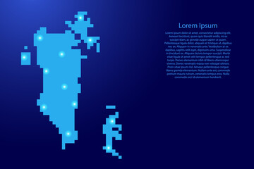 Bahrain map silhouette from blue square pixels and glowing stars. Vector illustration.