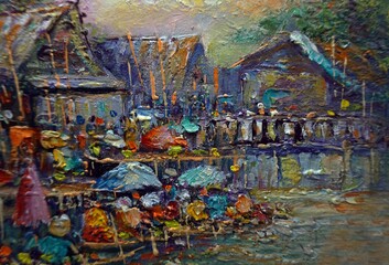 Art painting Oil color Floating market Thailand , countryside