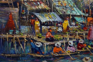 Art painting Oil color Floating market Thailand , countryside