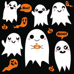 Set of Hand drawn Ghosts, Halloween Ghosts and Pumpkins, Boo!