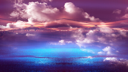 Fototapeta na wymiar Futuristic fantasy landscape with light clouds. Natural scene with neon light reflected in water. Neon space galaxy portal. 3d illustration 