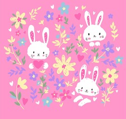 Hand Drawn Cute Bunny pink background, design rabbit, children print on t-shirt. Vector illustration