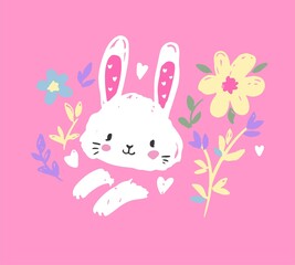Hand Drawn Cute Bunny pink background, design rabbit, children print on t-shirt. Vector illustration