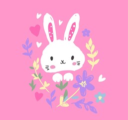 Hand Drawn Cute Bunny pink background, design rabbit, children print on t-shirt. Vector illustration