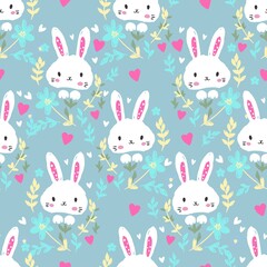 Cute rabbits and flower arrangement blue background vector seamless pattern. fun Textile for Kids Fashion.