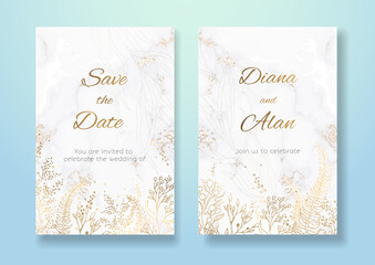 Wedding floral invitation gold colors. White background. Pastel shades. Save the date, thanks. Card design for certificate. Gold lines of flowers. Set of vector art templates