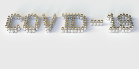 Glass medical vials form COVID-19 text, 3D rendering