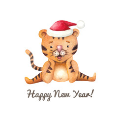 Obraz premium Watercolor illustration with a cute cartoon tiger in a red cap. Children's hand-drawn illustration on a white background.