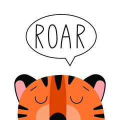 Cute cartoon tiger roaring. Isolated on white. Cover, poster, greeting card template.  Hand drawn children illustration.