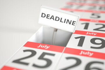 DEADLINE plate on July 18 in a calendar, 3d rendering