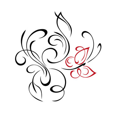butterfly 16. decorative element with one stylized butterfly, leaves and swirls on a white background