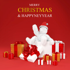 Christmas illustration with white furry White beast cartoon in Santa Claus hat and the big gift box.