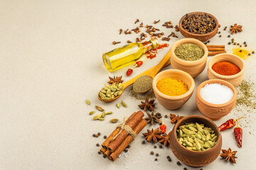 A set of spices for cooking curry. Aromatic condiments on light stone concrete background