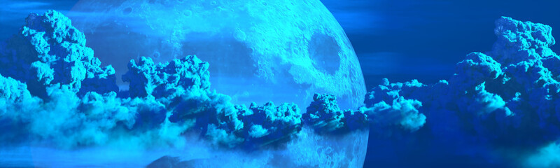 Fototapeta na wymiar backdrop - panoramic large clouds and moon , nature 3D rendering
